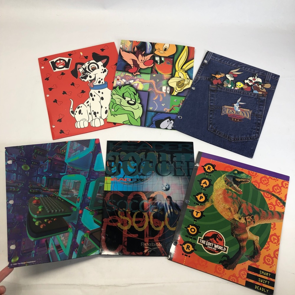 Vintage 90s Folders Lot of 6 Looney Tunes‎ Dalmatian Jurassic Park Soccer
